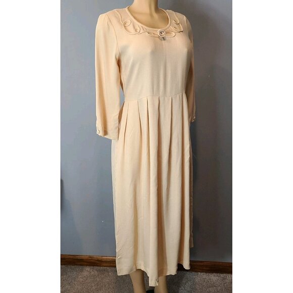 Vtg Carol Anderson Cream Dress Sz 4P Cottage 3D Rose New Pleated 90s Whimsical - Picture 13 of 13